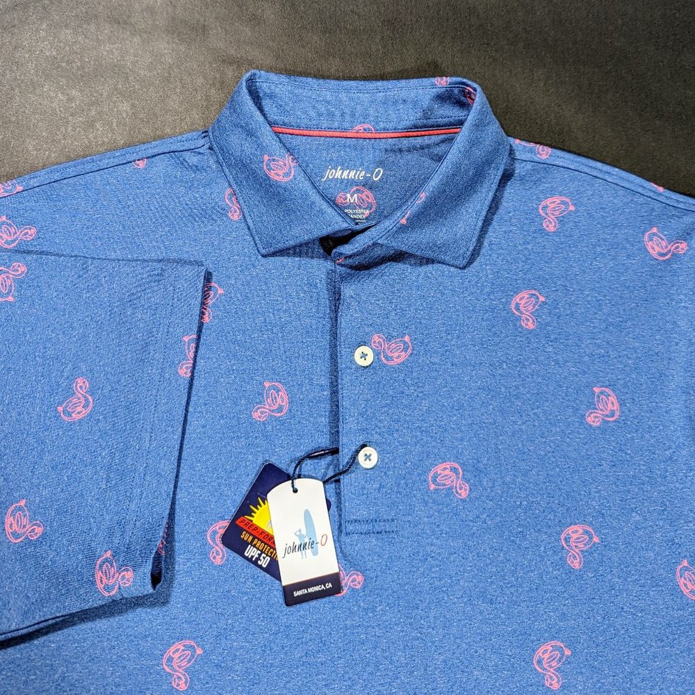 $98 Johnnie-O Flamingo Floaty Printed Golf Polo Shirt Size M Lake Blue